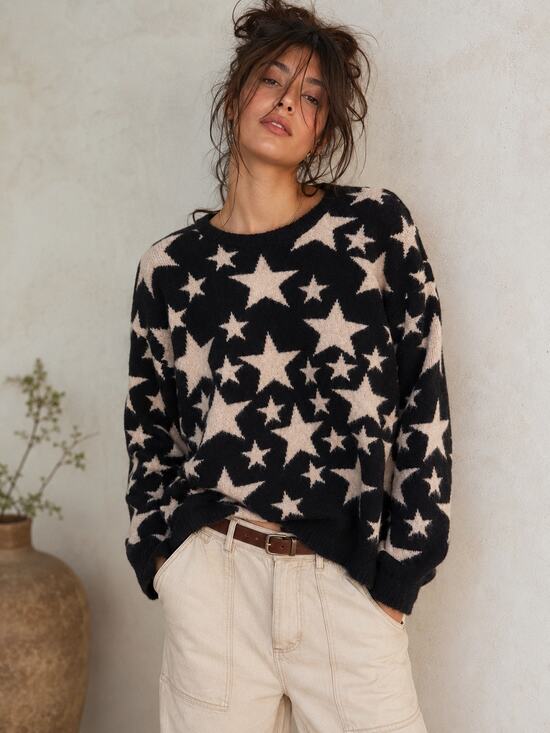 THML Sweaters - THML | NEW Preppy Soft Knit Black/Cream Star Destroyed Pullover Sweater Sz M